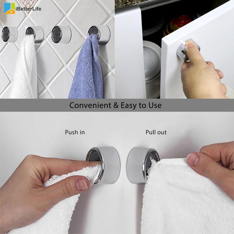 Zezhou iBetterLife Adhesive Kitchen Towel Hooks - 4 Pack Dish Towel Holder for Cabinet, Push Hand Towel Hook, Dish Cloth Rag Holder for Home Bathrooms, Kitchens, Garages, RV, Within Easy Reach, Matte Black - Image 5